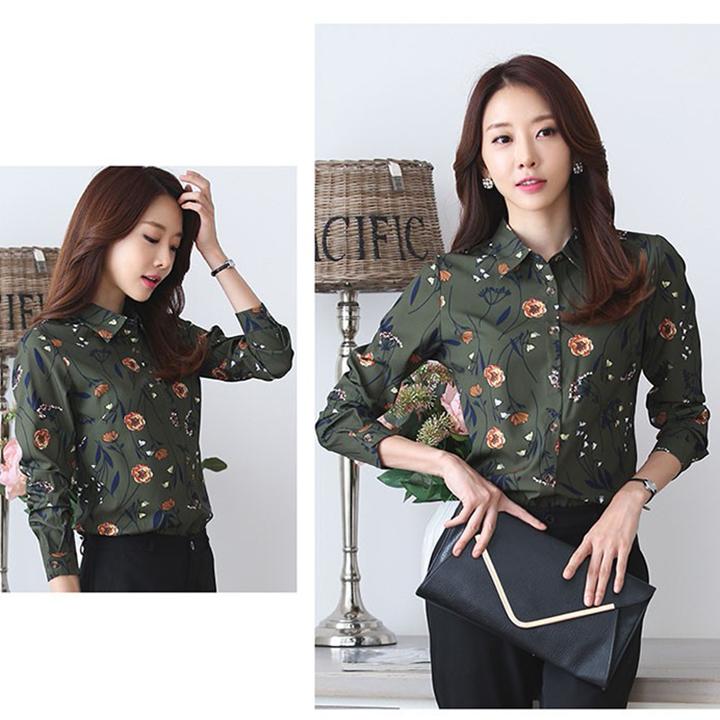 [HCM]Áo Sơ Mi Nữ Dài Tay Họa Tiết Thanh Lịch