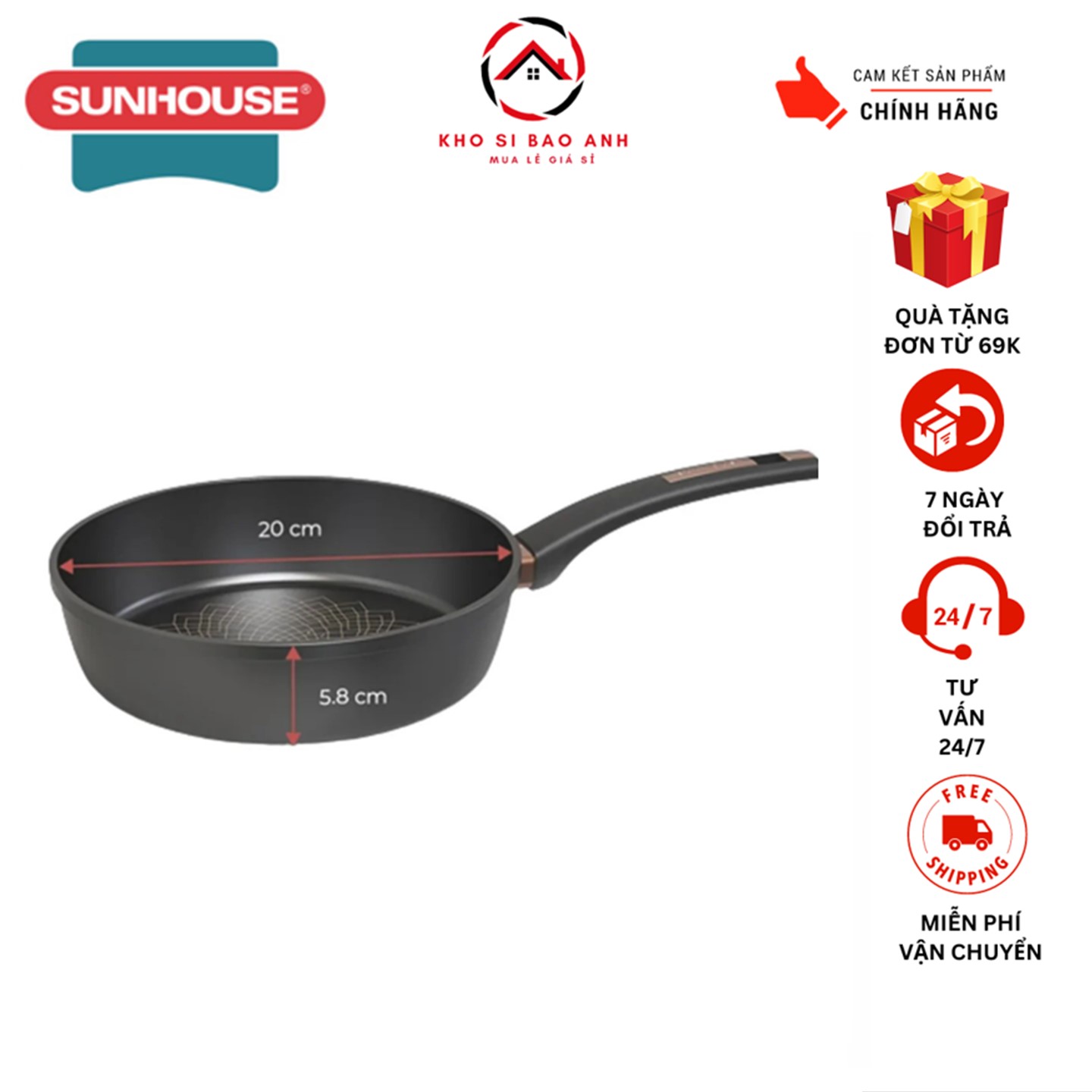 Chảo inox chống dính Ultra Titanium Sunhouse ST20B-20cm