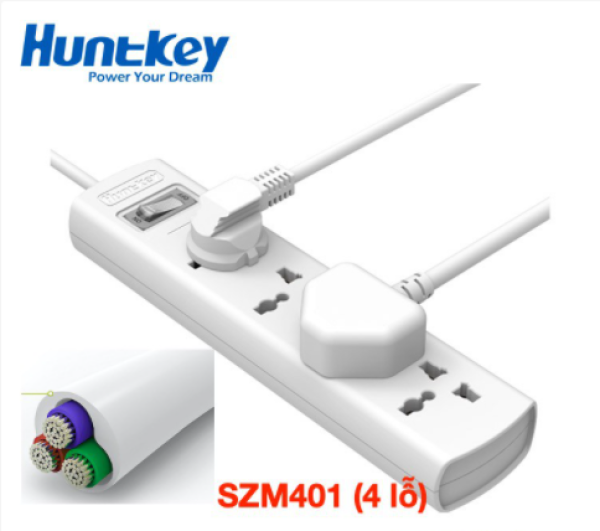 Ổ cắm điện đa năng chống sét Huntkey SZM401 - 2500W, 4 lỗ 3 chân đa năng, chống sét -HÀNG NHẬP KHẨU - Bảo hành 36 tháng