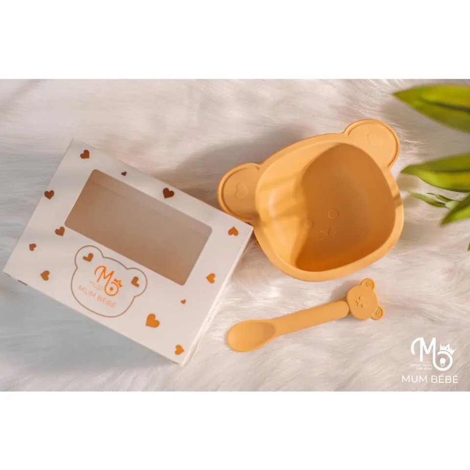 Bát và thìa ăn dặm silicon mumbebe hình gấu có đế hít chống đổ cho bé tập ăn dặm phong cách hàn quốc