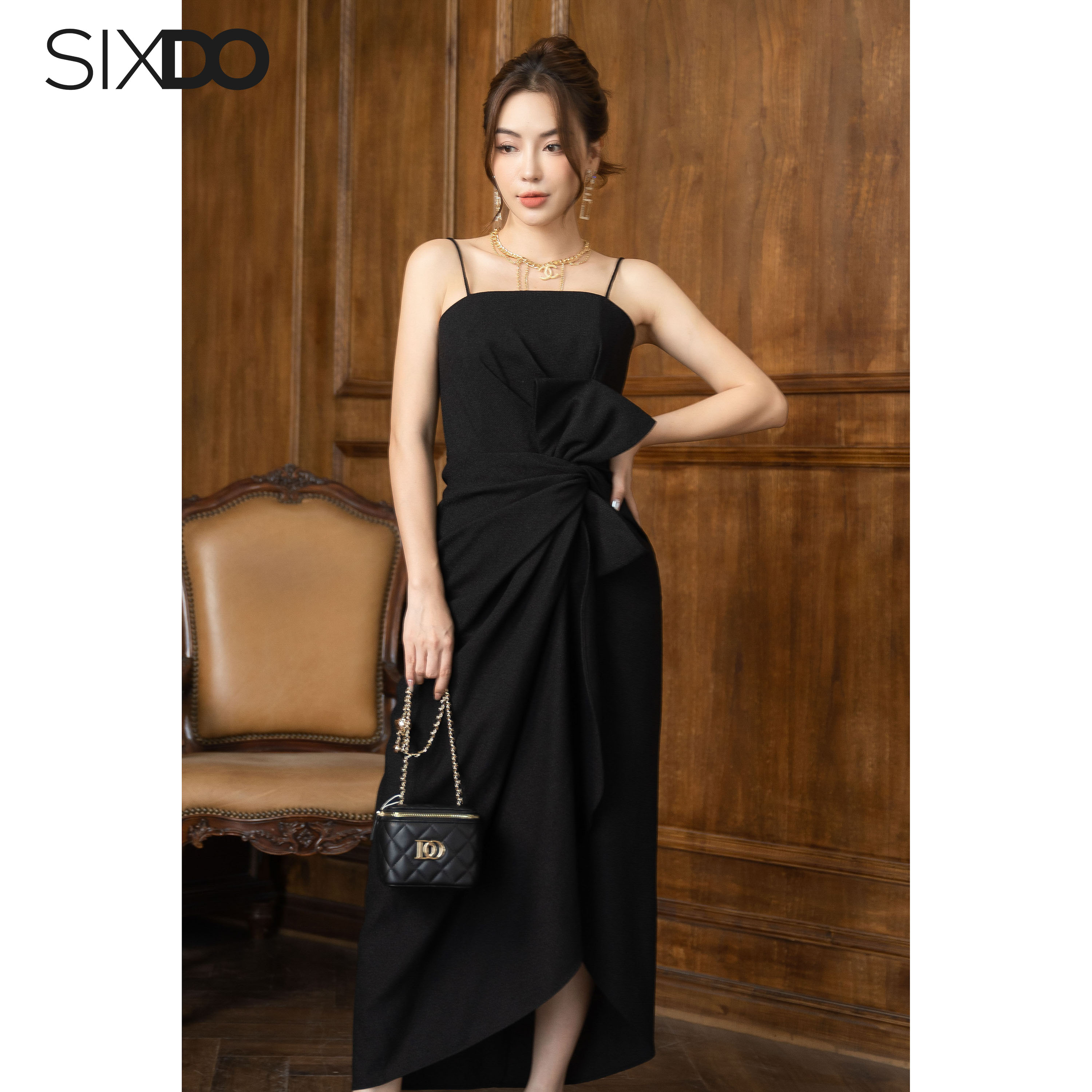 Đầm tweed hai dây phối nơ eo SIXDO