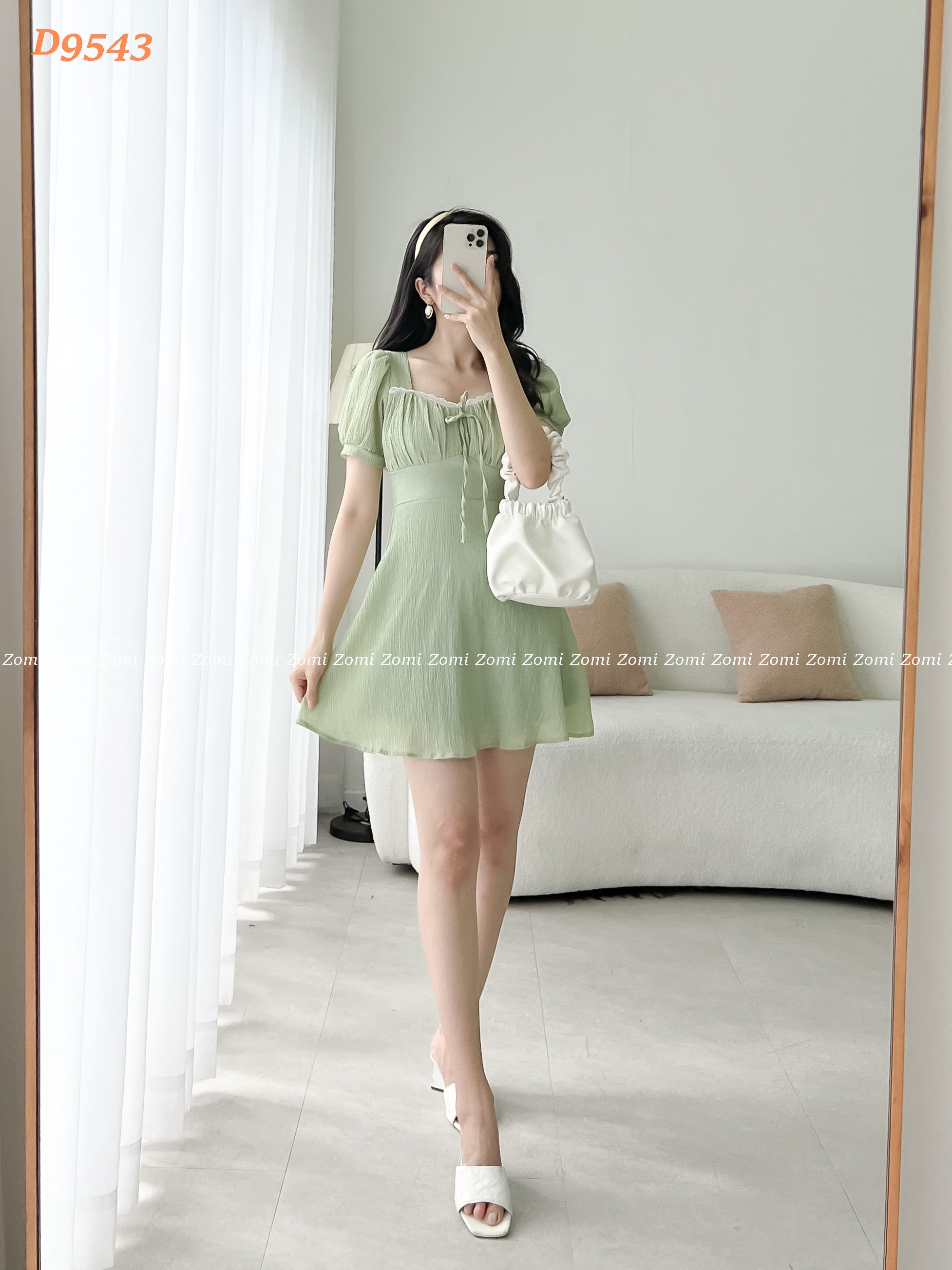 Đầm xòe tay phồng nhún phối ren điệu đà