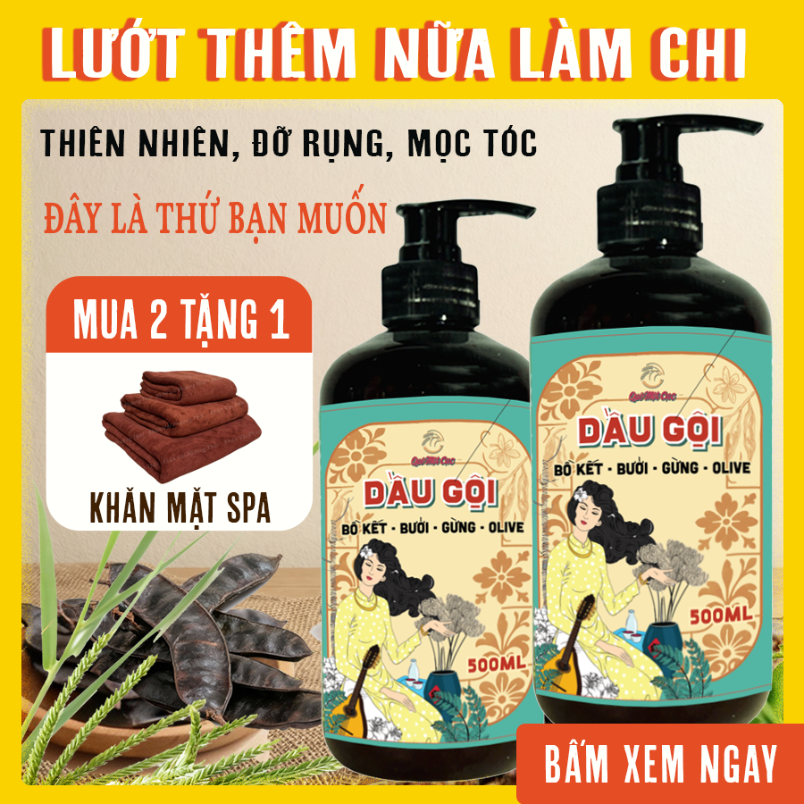 Dầu gội dược liệu, bồ kết, mần trầu, hương nhu, bưởi: giảm rụng, mọc tóc, sạch gàu Spa Quê Một Cục 500ml
