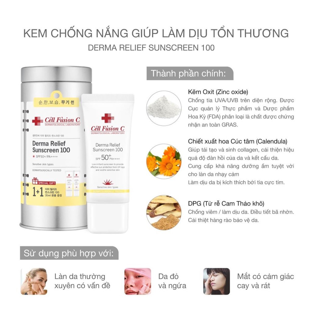 Kem Chống Nắng Cho Da Nhạy Cảm Cell Fusion C Derma Relief Sunscreen SPF50+/PA++++
