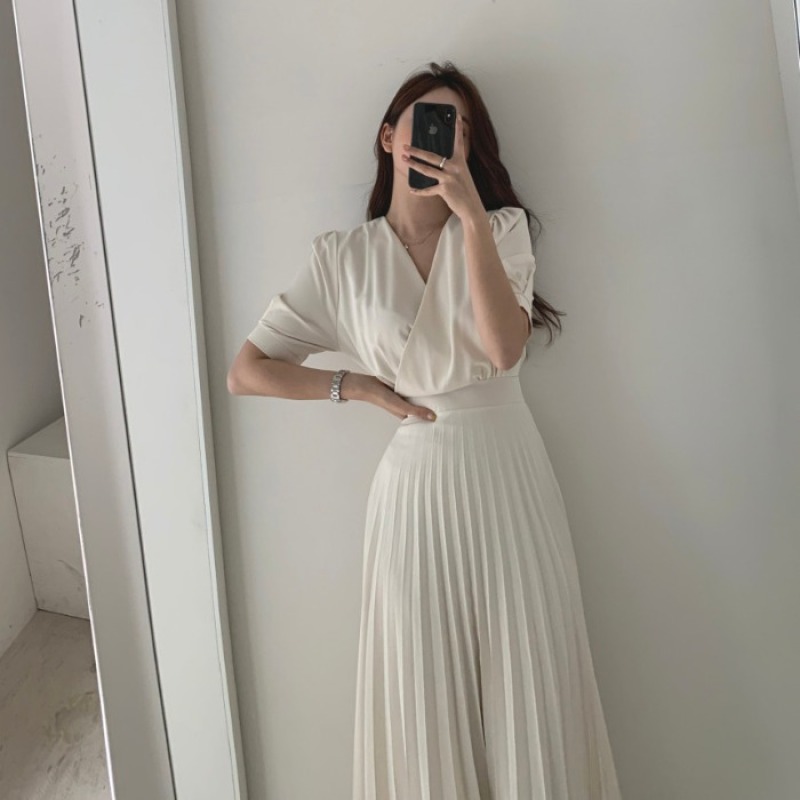Hàn Quốc Chic Kiểu Pháp Thích Hợp Trang Phục Mùa Hè Cổ Chữ V Bó Eo Trang Nhã Khí Chất Kiểu Lửng Tôn Dáng Cạp Cao Kiểu Gấp Đầm