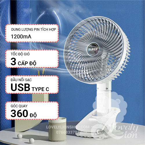 (có sẵn)Quạt sạc tích điện cánh quạt lớn 3 cấp độ gió(để bàn,kẹp,treo hoặc cầm tay)