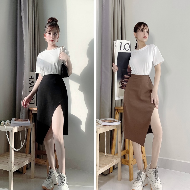 Chân váy dài qua gối Midi xẻ tà vạt chéo phong cách Hàn Quốc cá tính trẻ trung sang trọng có big size Mely Fashion CV22