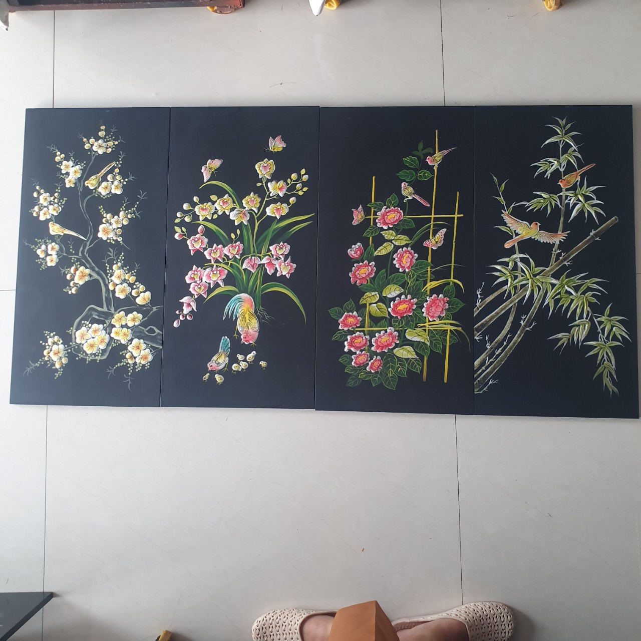 Tranh sơn mài 4 mùa mai lan cúc trúc, vẽ 3d đắp nổi size 60x120 cm