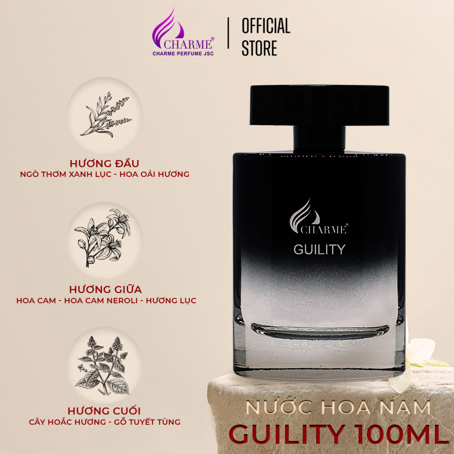 Nước hoa nam cao cấp, Charme Guility, nước hoa lưu hương lâu, tạo phong cách bí ẩn, 100ml