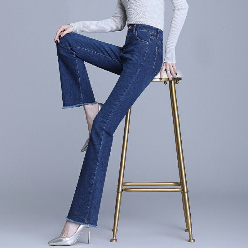 Quần jeans nữ ống bass tua lai dáng ôm skinny co giãn