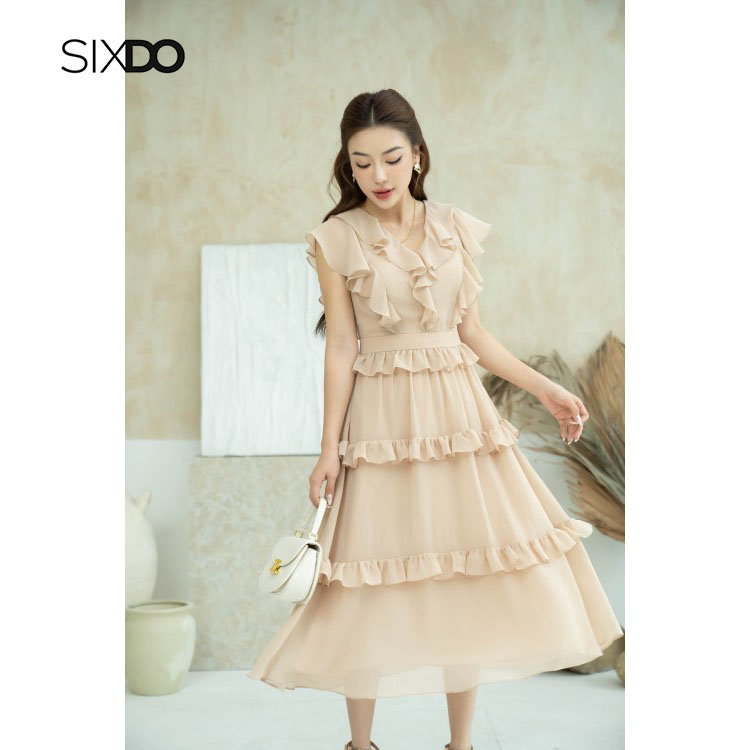 Đầm midi voan cổ V bèo tay hến SIXDO (Dark Beige Midi Voile Dress)