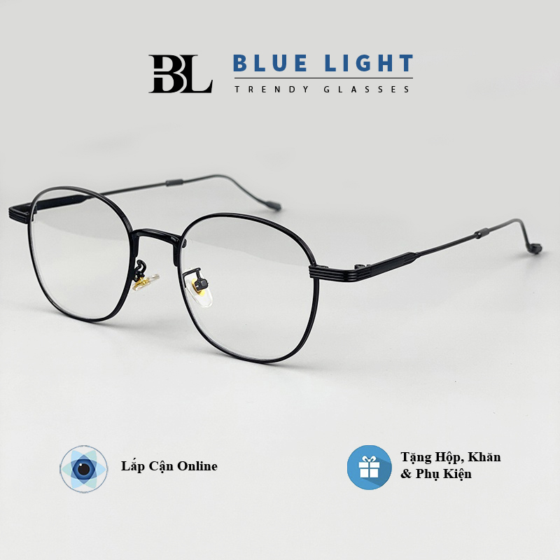 Gọng Kính Cận Kính Giả Cận Nam Nữ Mắt Vuông Tròn Oval Càng Thiết Kế Mới Full Kim Loại Đen Bạc Hàn Quốc - BLUE LIGHT