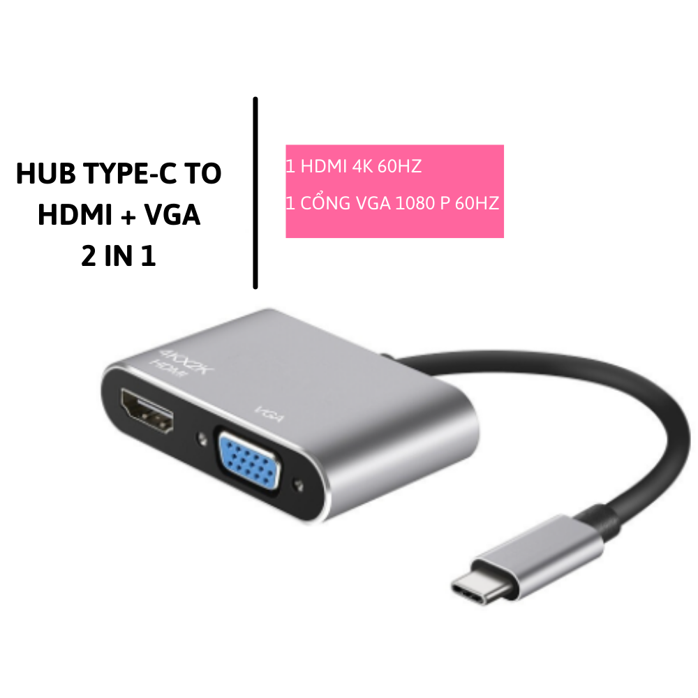 Cáp chuyển hub type c  2 in 1 USB Type-c ra 2 cổng HDMI/vga