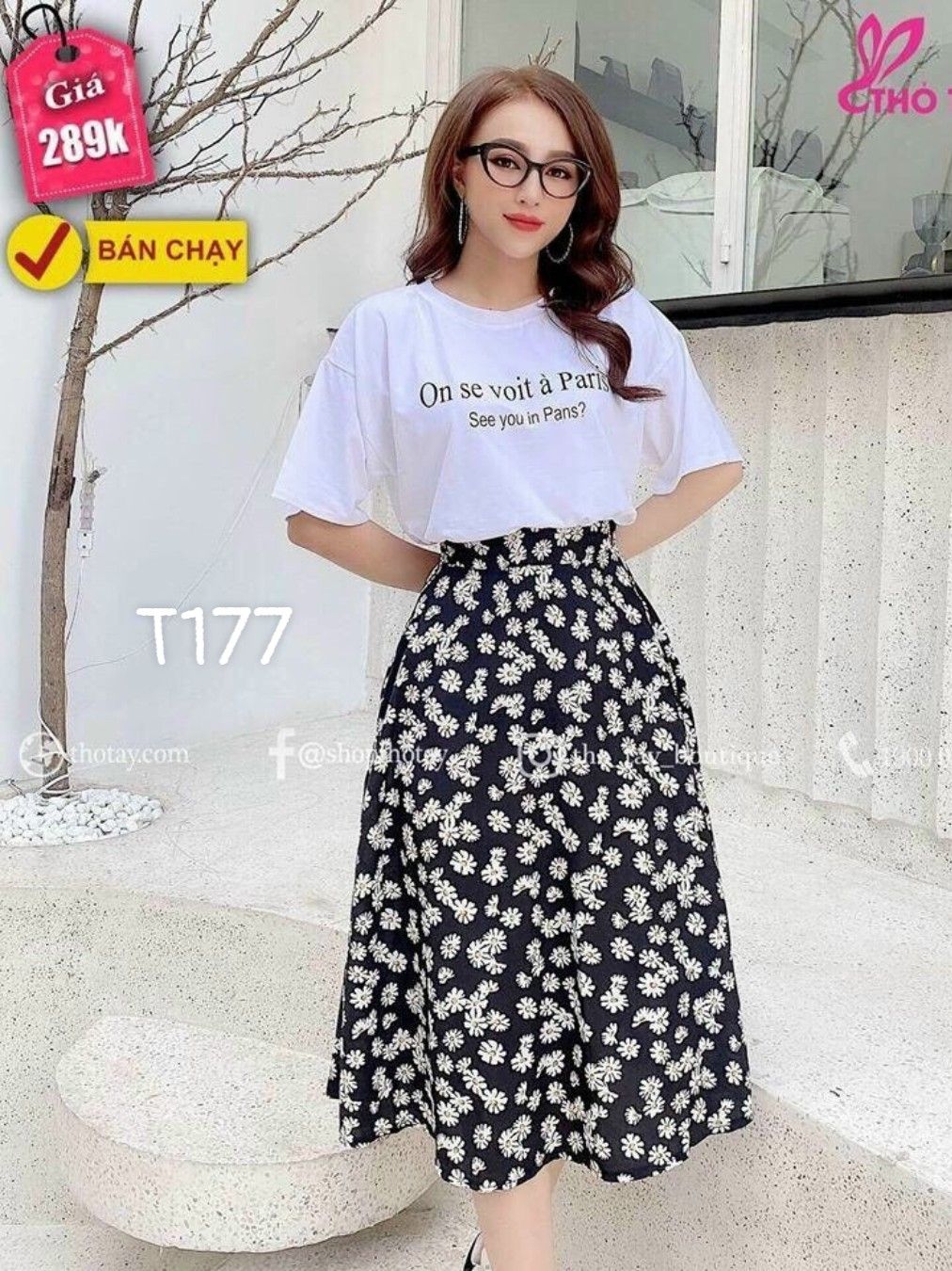 [HCM]Set áo thun và chân váy cúc họa mi áo cotton chân váy đũi dễ thương T177