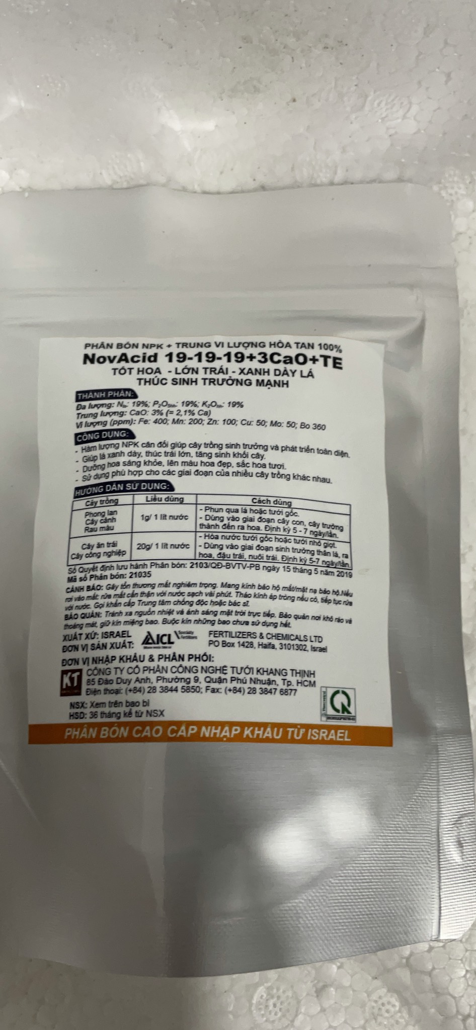 Phân bón lá gói 100gr nhập khẩu israel novacid 22-11-11+6mgo ,19-19-19 + 3cao+te, 13-40-13+te dùng thủy canh hoặc bón lá