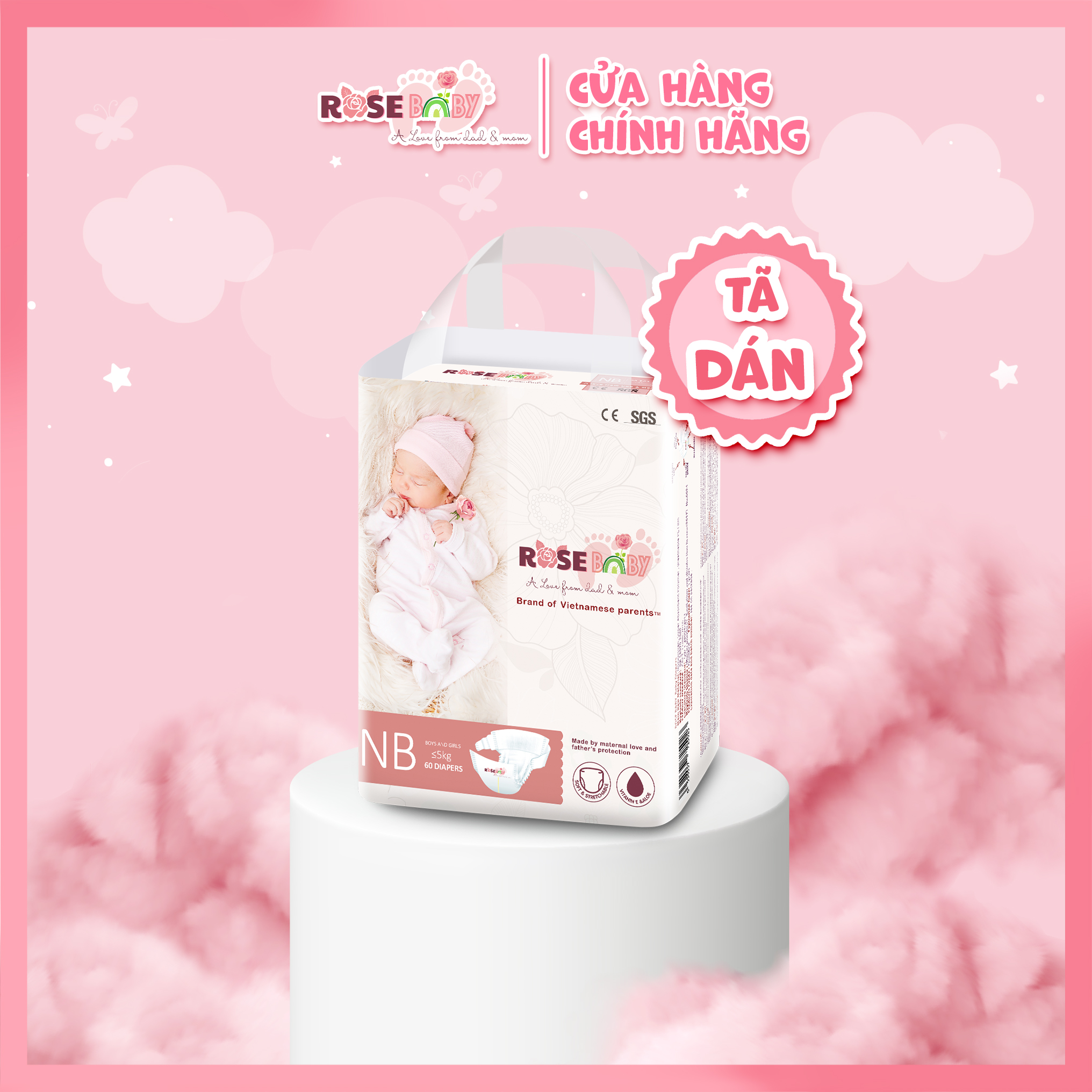 Bịch Tã Dán ROSE BABY size NB (60 miếng) Có rãnh tránh rốn
