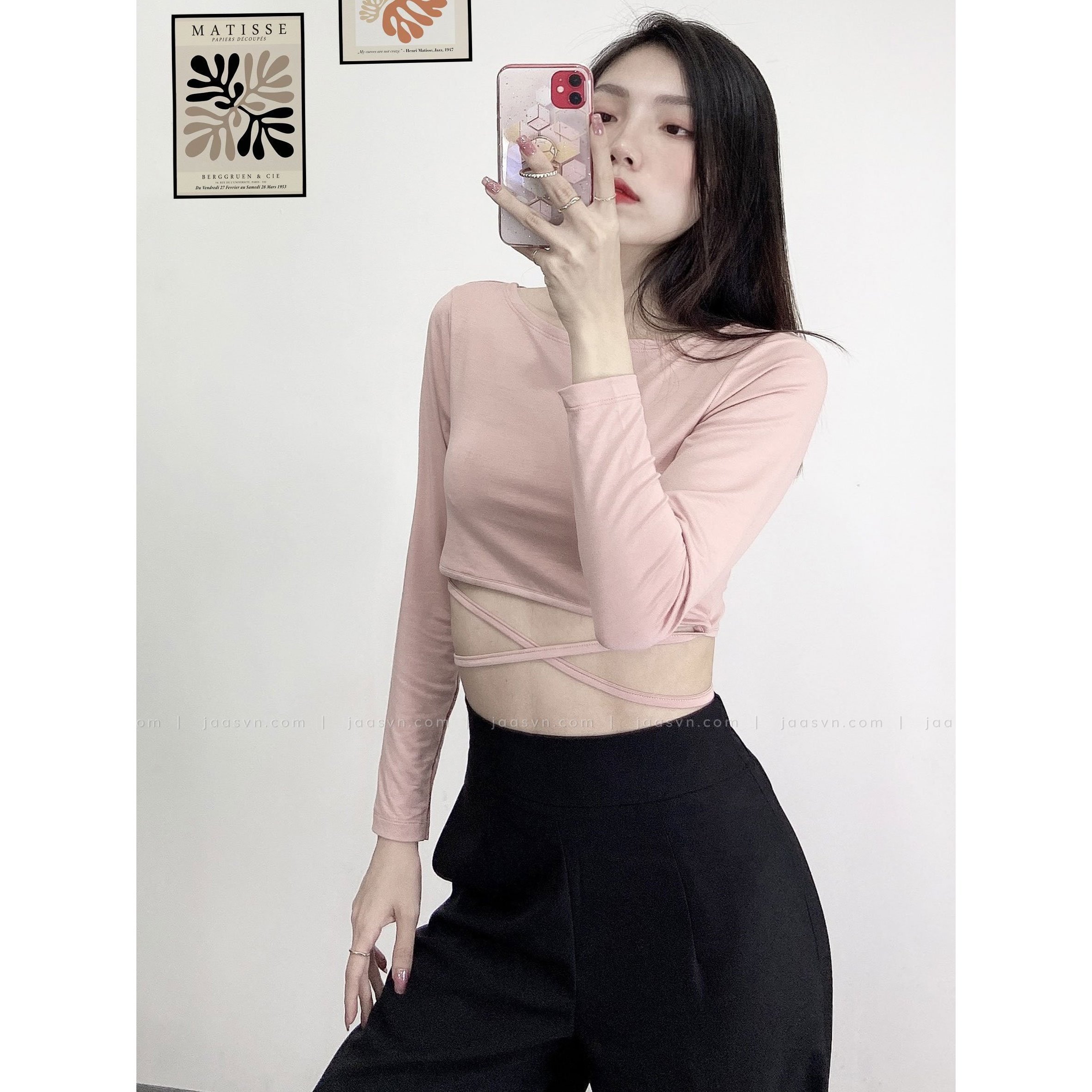 [HCM]Áo croptop tay dài thắt dây eo cá tính