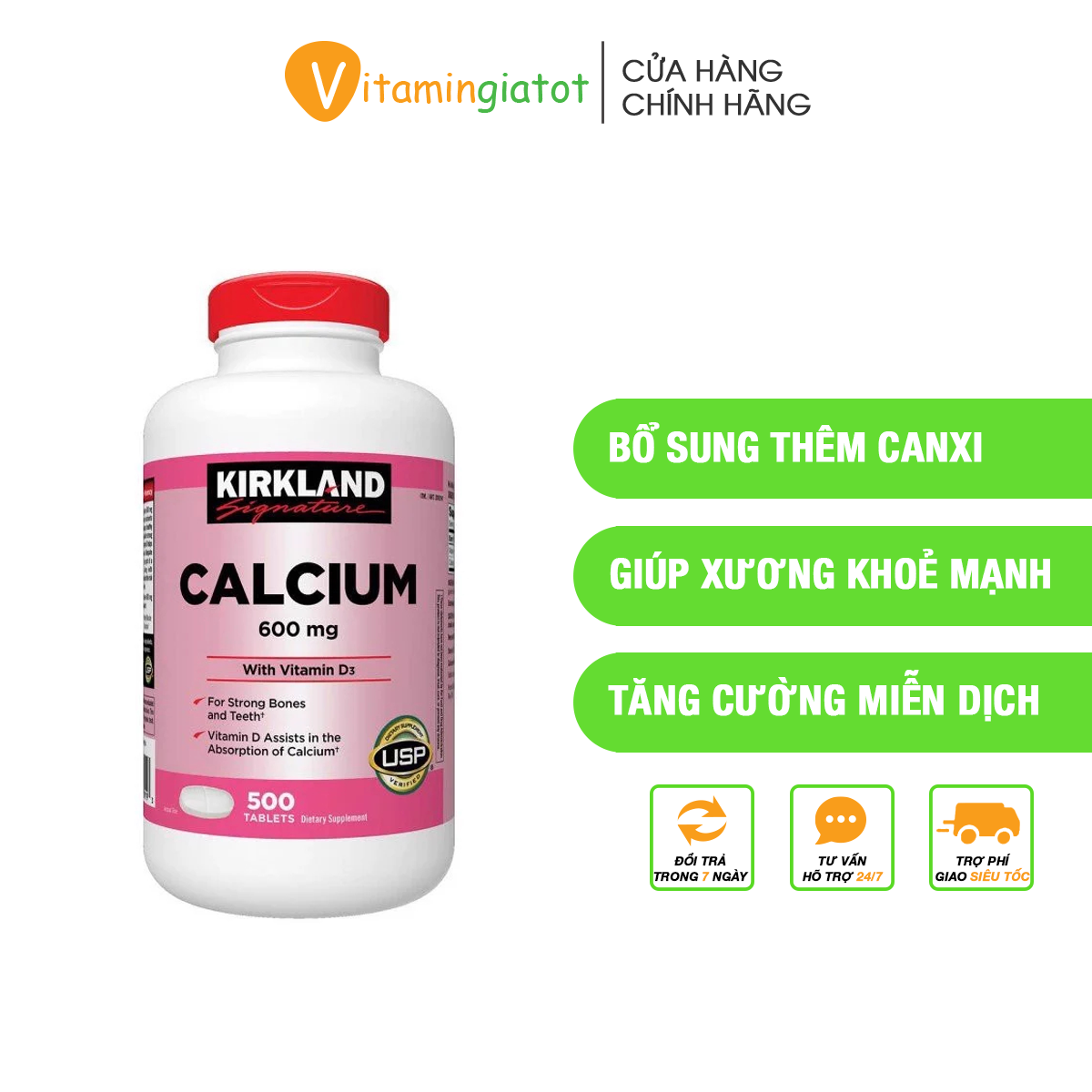 Viên uống bổ sung Canxi Vitamin D3 Kirkland Calcium Vitamin D3 600mg 500 viên