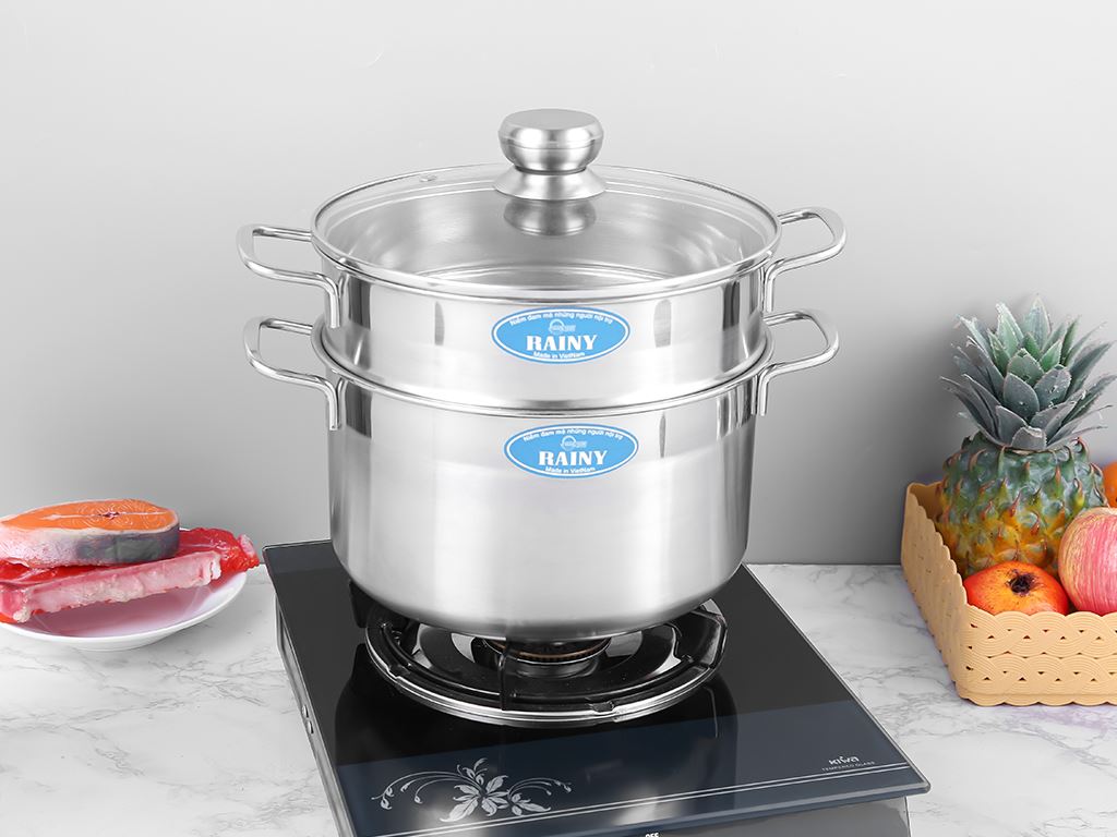 Bộ nồi xửng inox 1 đáy rainy nắp kính - rnx1, bộ nồi hấp 2 tầng đủ kích thước 20,24,26,28,30 cm - nắp kính tiện dụng, chất liệu inox 304 cao cấp, chất lượng uy tín tại gia dụng minh phát.