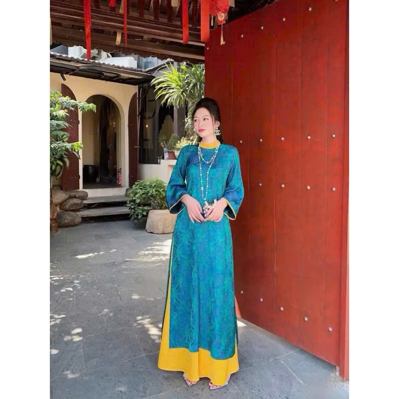 Áo dài cách tân gấm tơ mềm phối màu cổ tay dáng suông