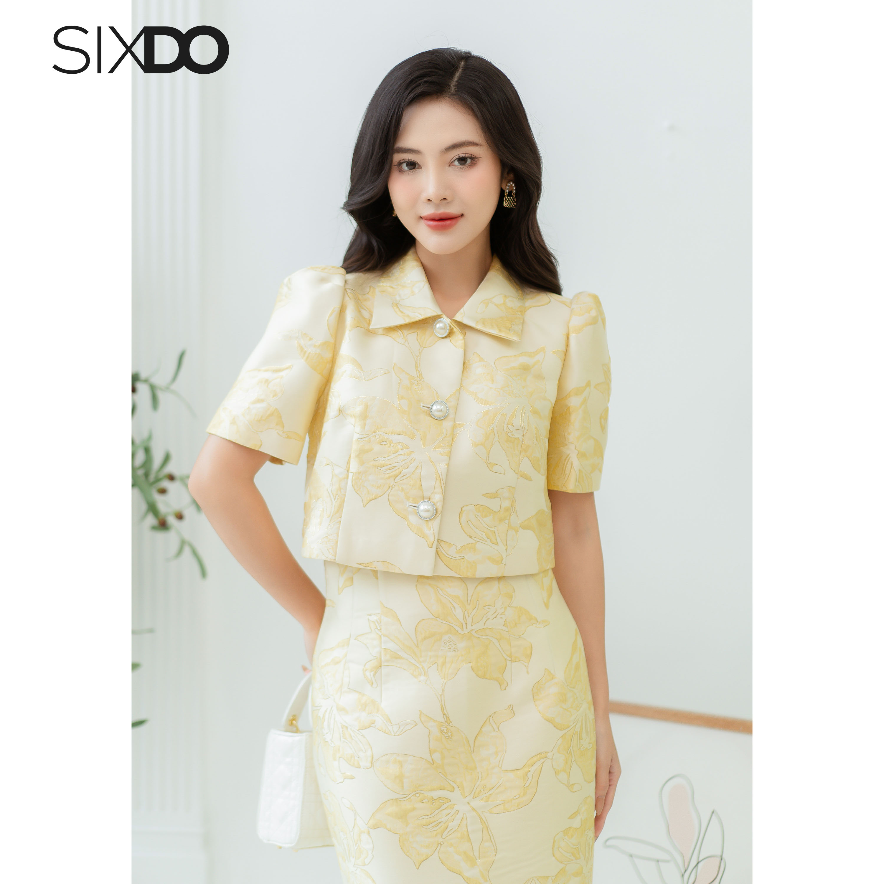 Chân váy gấm đuổi cá SIXDO (Light Yellow Lily Midi Brocade Skirt)