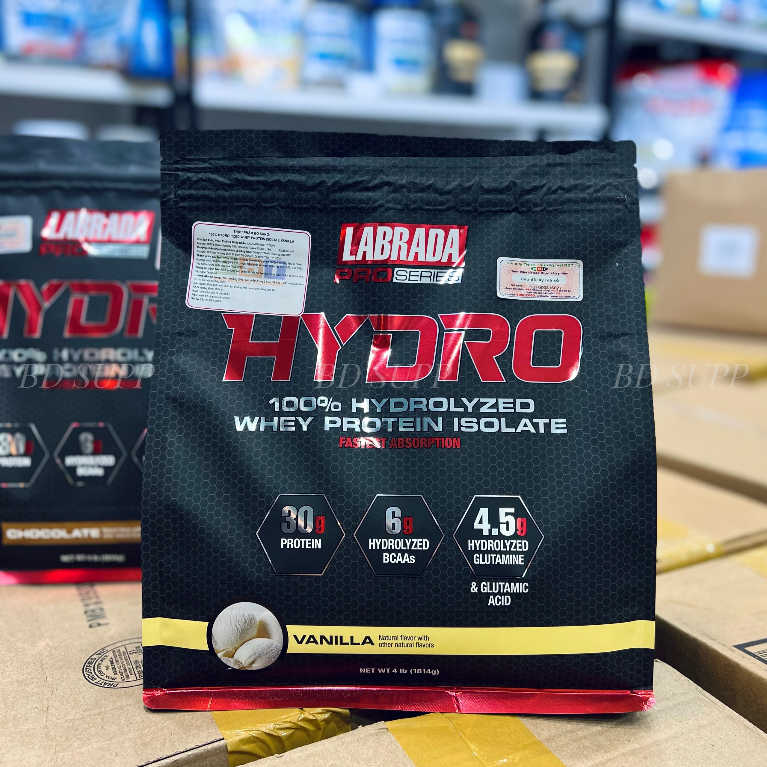 Labrada Whey HYDRO (1.8kg) 100% Whey Protein Hydrolyzed Isolate, 30g Protein, 6g BCAA, 4.5g Glutamine, Công Ty BBT Phân Phối