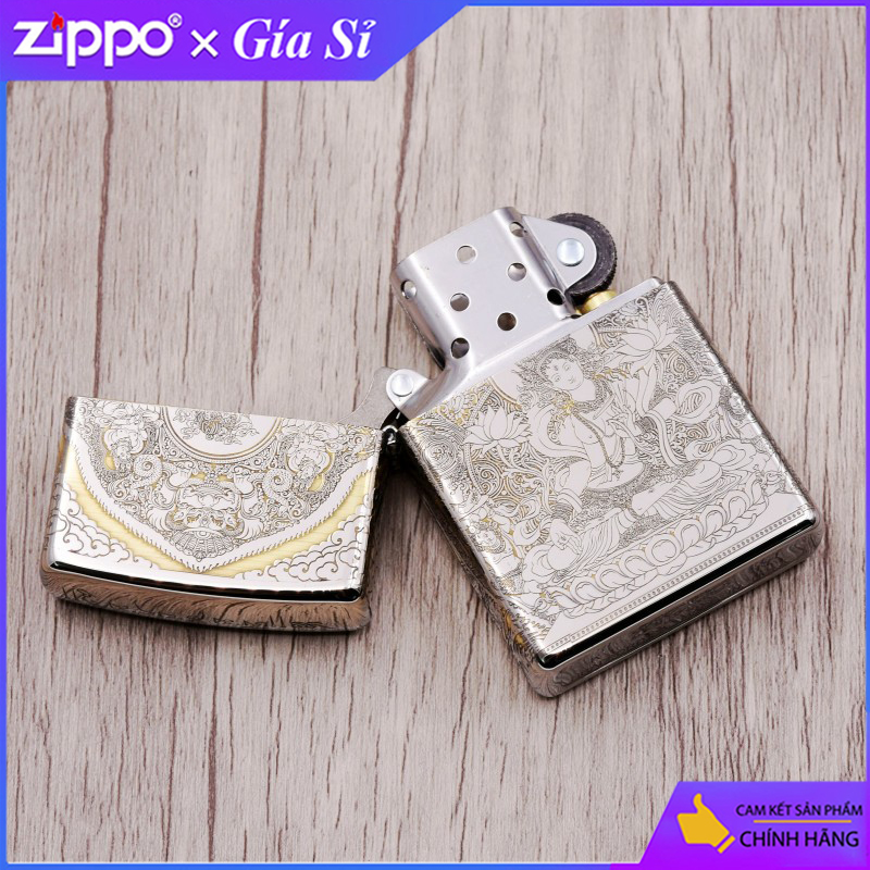 Bât lửa Zippo khắc đức phật toạ đài sen bản mạ Chrome