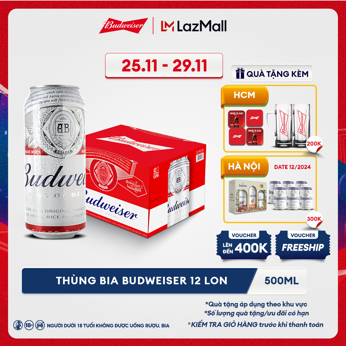 [25.11 - 29.11 VC ĐẾN 30K+FS] Thùng 12 Lon Bia Budweiser (500ml/lon)