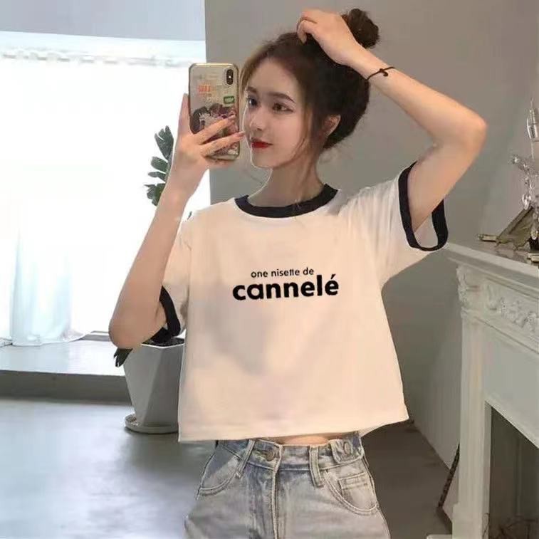 Áo thun croptop phối viền canne thời trang