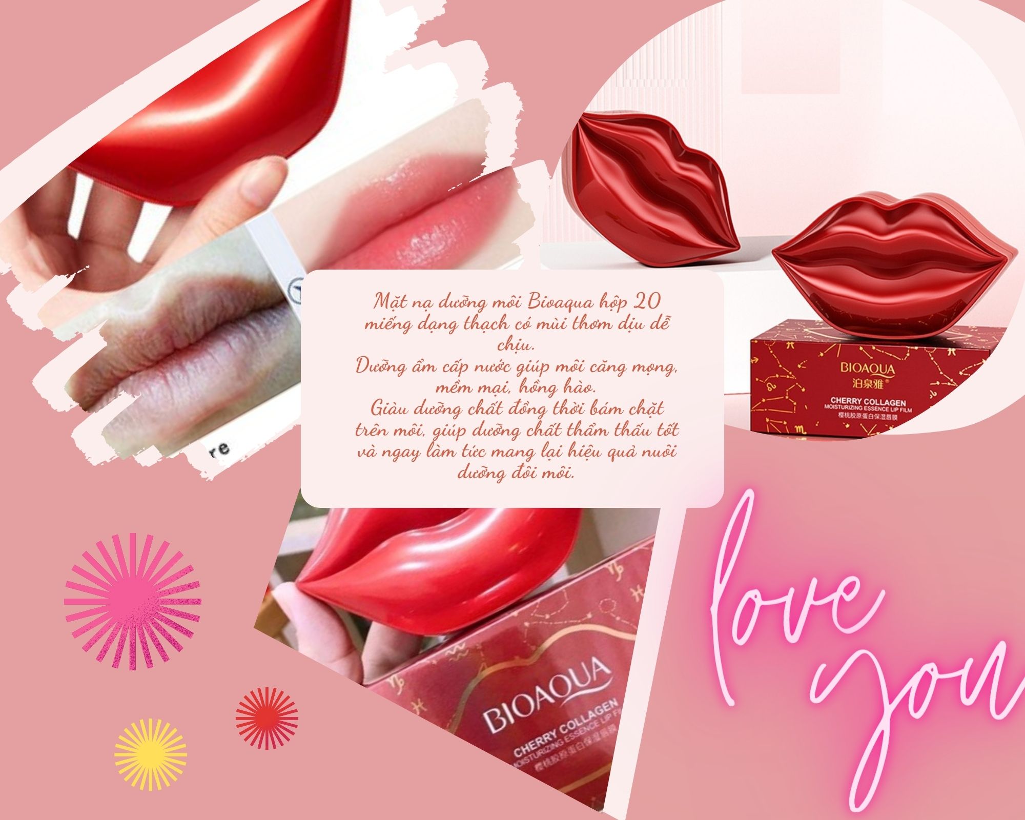 Hộp 20 Miếng Mặt Nạ Môi BIOAQUA Cherry Khử Thâm Môi, Dưỡng Ẩm , Cấp Nước ,Làm Hồng Môi