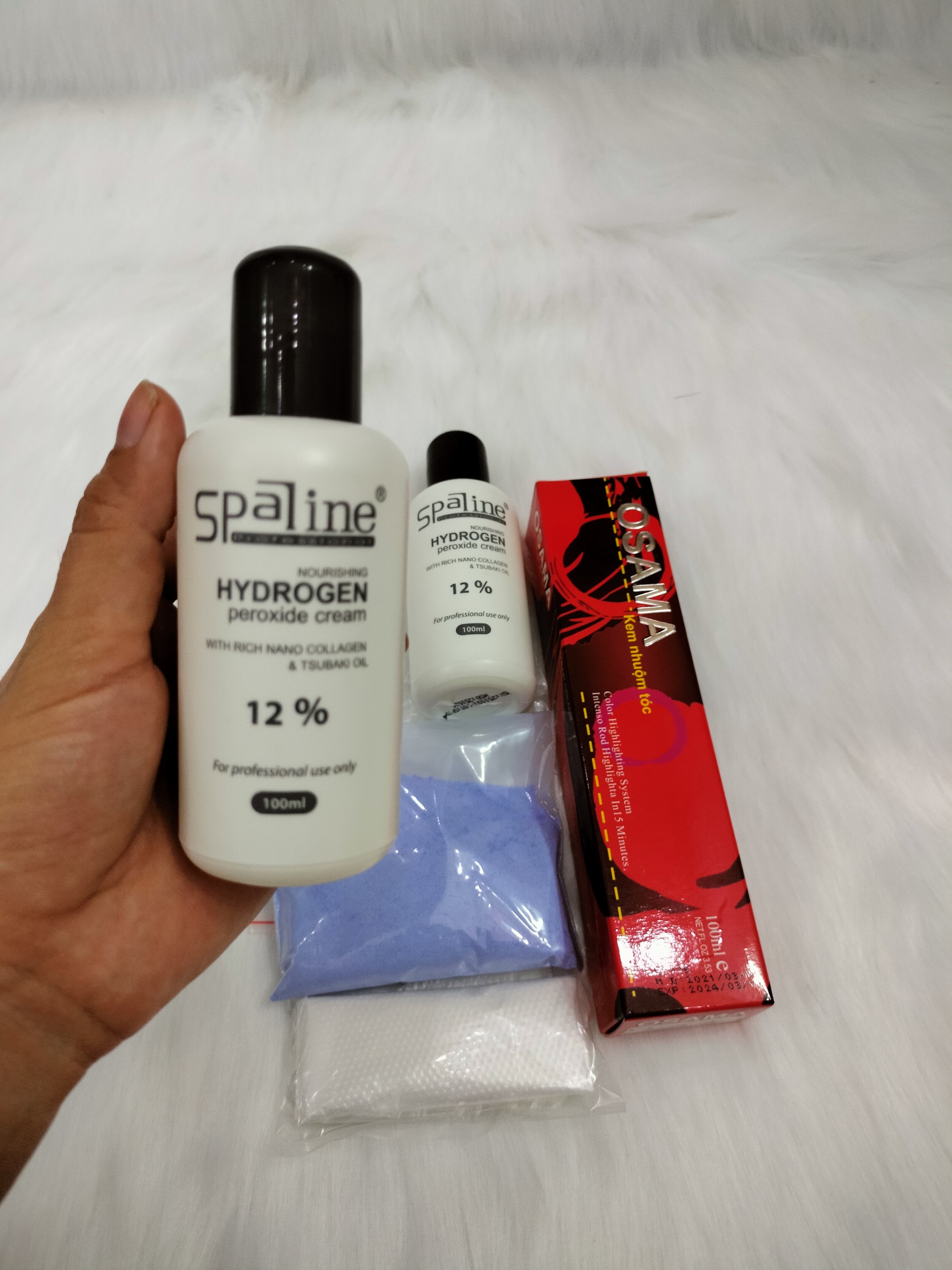 Combo nhuộm Osama, 2 oxy, bột tẩy, bao tay, HDSD