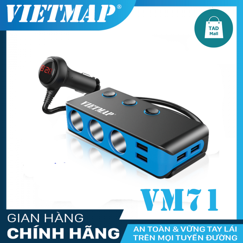 VietMap VM71 - Bộ Chia Nguồn Ô tô - QC 3.0 - An Toàn Cao Cấp - 3 Cổng Nguồn - 4 Cổng Sạc USB