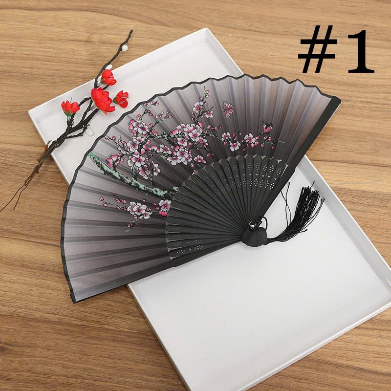 Quạt Cầm Tay Xếp Nan Trúc Vải Lụa Cổ Phong