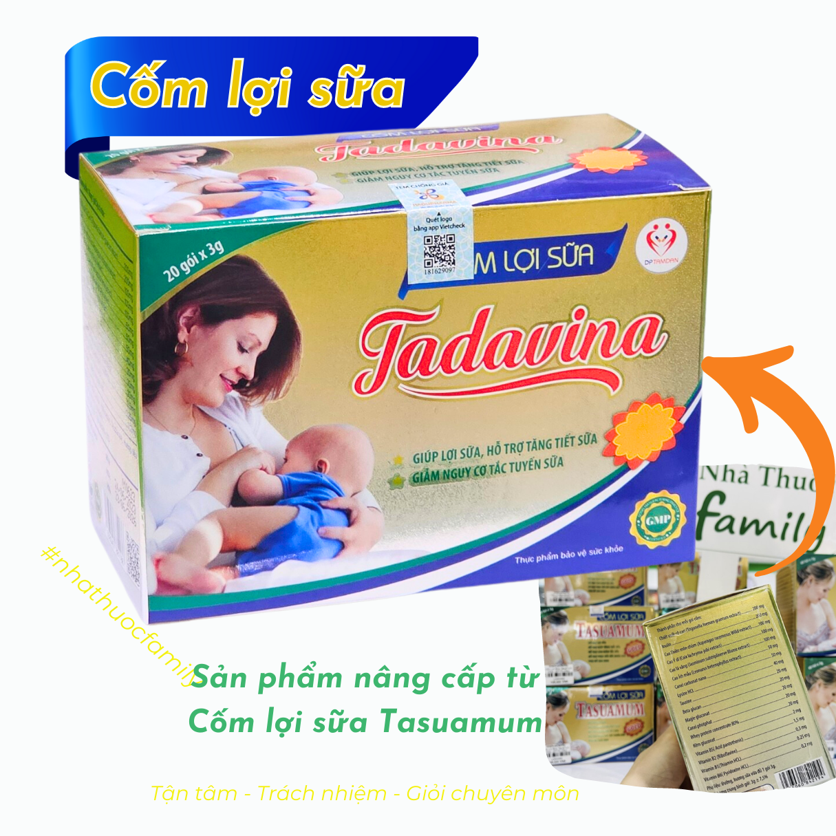 Cốm lợi sữa TADAVINA , giúp lợi sữa, tăng tiết sữa và tăng chất lượng sữa mẹ. Thương hiệu từ CLS Tasuamum nổi tiếng.
