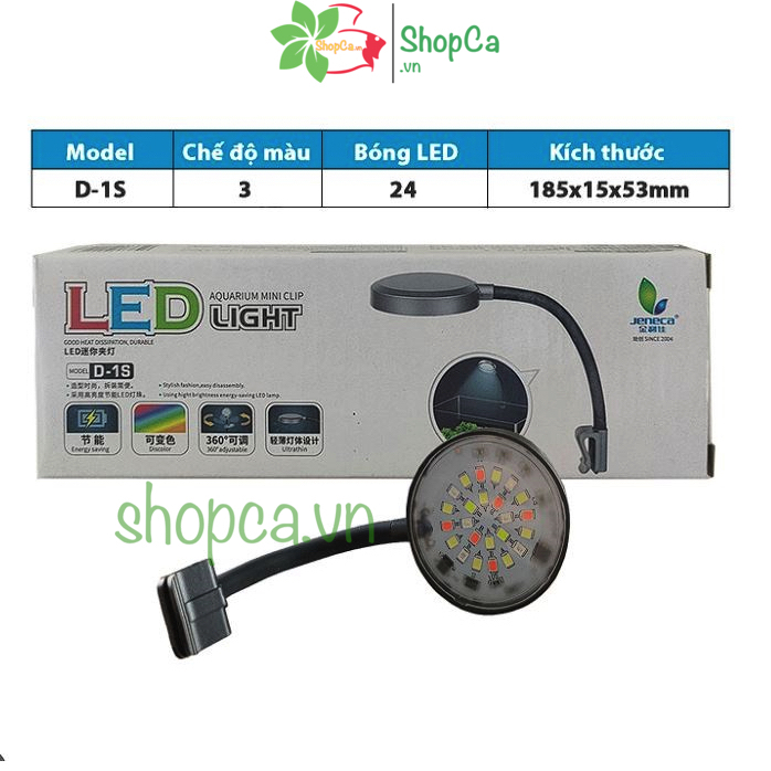 Đèn led kẹp mini Jeneca D1s kẹp miệng kính cho bể cá cảnh (3 chế độ màu)