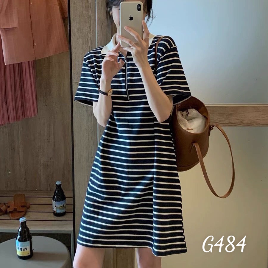 Đầm suông kẻ sọc ngang cổ trụ phối khoá kéo trẻ trung thun quảng châu G484