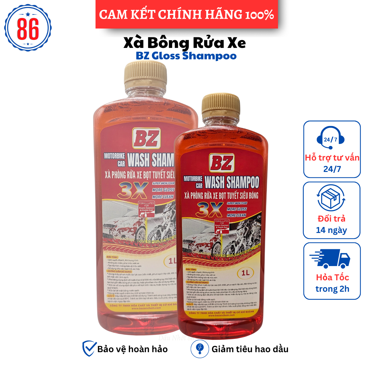 Nước rửa xe,xà bông bz gloss shampoo 1l tặng khăn microfiber
