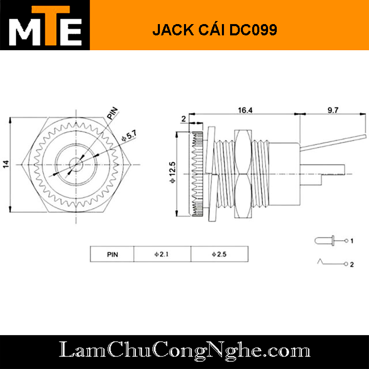 Jack nguồn DC 5.5x2.1 Cái Jack DC cái tròn DC-099