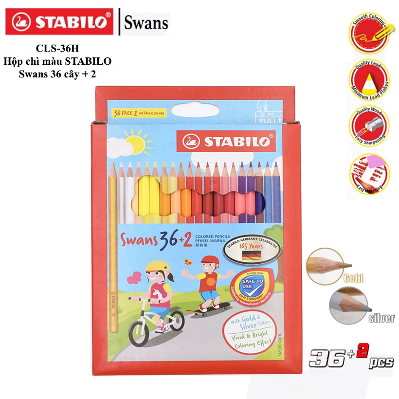 Hộp bút chì màu tấy xóa được stabilo swans 36+2 màu
