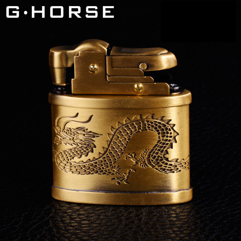 Hộp Quẹt Bật Lửa G.Horse Cối Kiểu Cổ Khắc Rồng Cuộn Độc Đáo, Sang Trọng