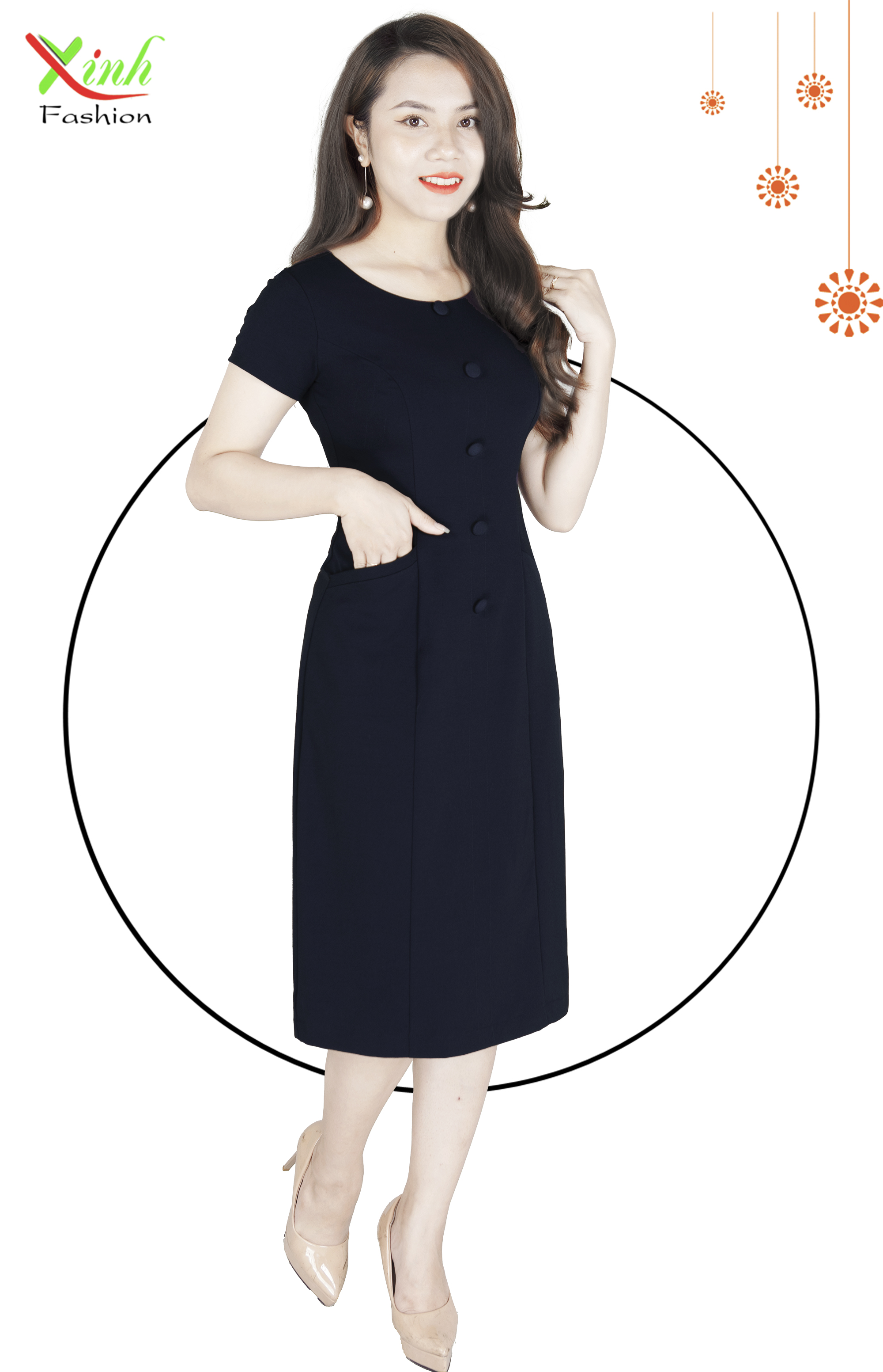 Đầm Suông Phối Cúc Xanh Đen DL776