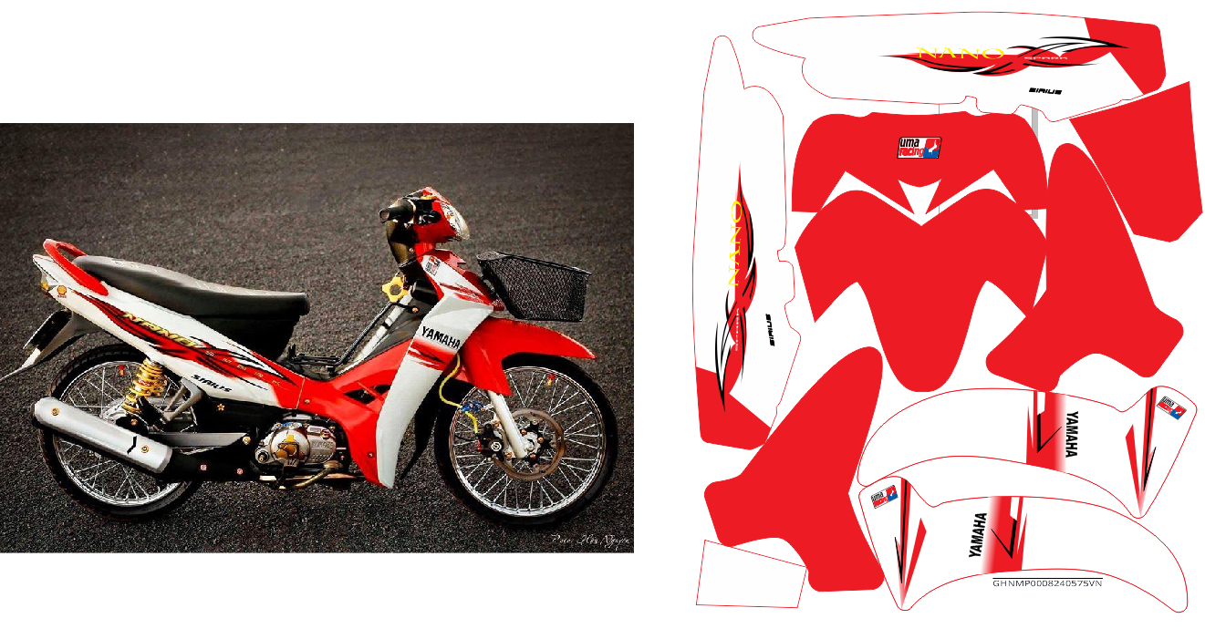 Tem trùm xe sirius đỏ trắng s.park na.no - Làm tem  dán xe máy theo yêu cầu - tem trùm xe sirius rẻ và đẹp