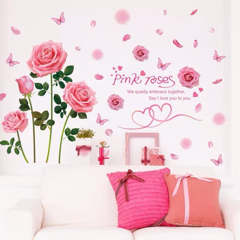 Decal dán tường hoa hồng phấn trang trí phòng ngủ (mẫu mới)