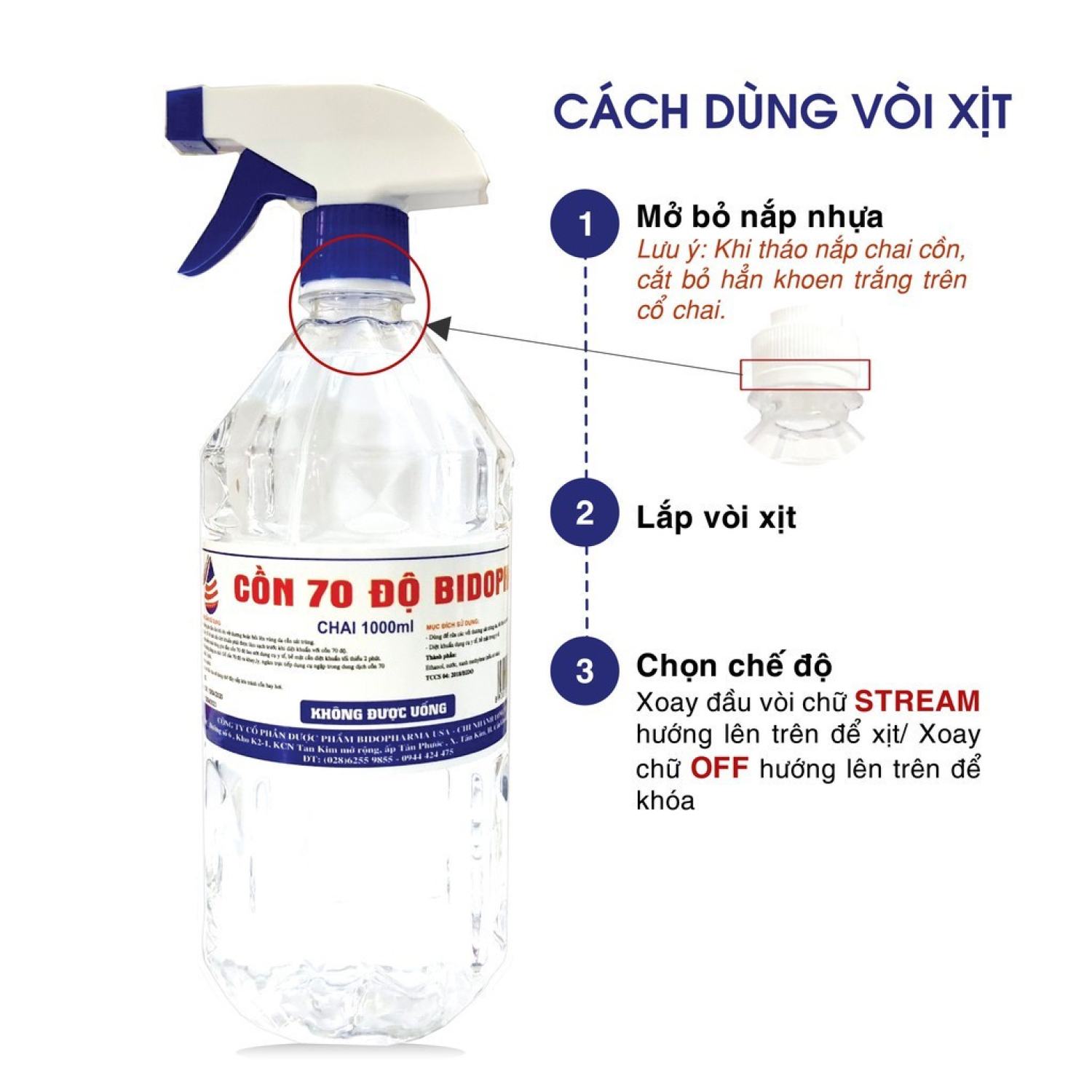 Cồn 70 độ Bidopha pharma (chai 1 lít có vòi xịt)
