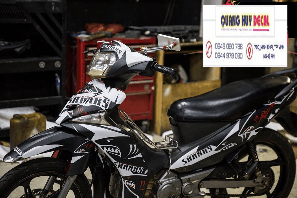 Tem TRÙM PHỦ xe SIRIUS FI cá mập đen trắng chế đẹp- Tem  dán xe máy SIRIUS FI  thiết kế theo yêu cầu - tem xe wave cá mập đen trắng độ chế đẹp và rẻ chất