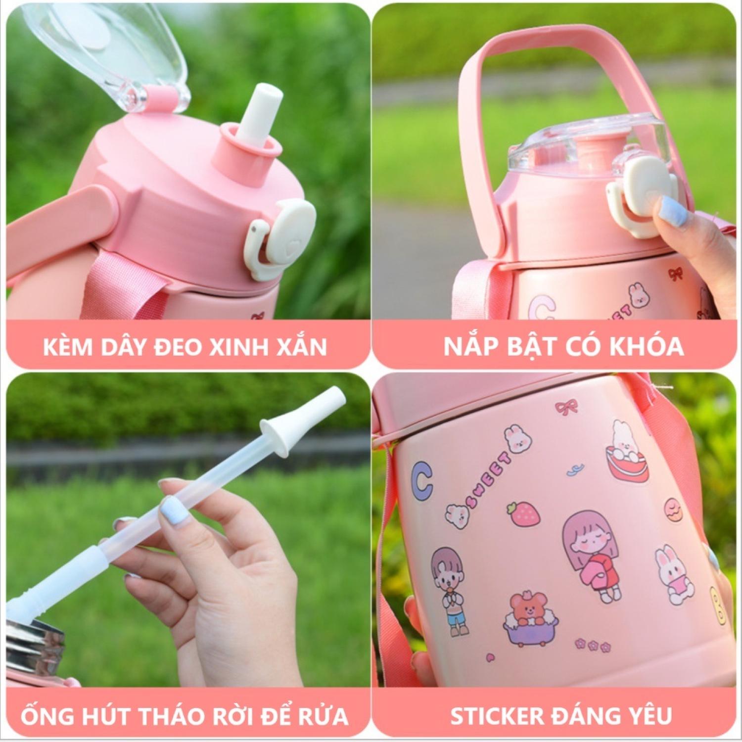 Bình nước giữ nhiệt siêu dễ thương chất liệu inox 304 có ống hút và nắp đậy chắc chắn gồm cả quai xách tay mang nước đi học đi làm