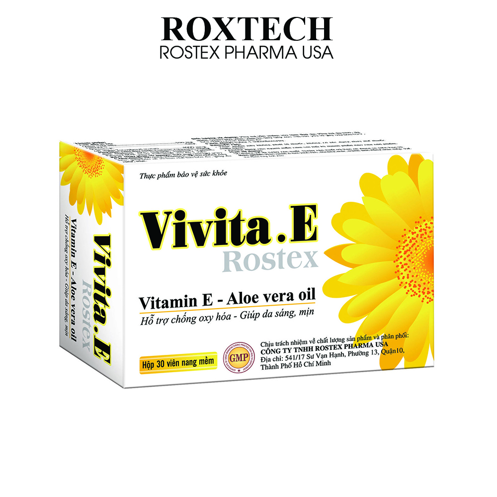 Viên uống đẹp da Vivita E Rostex bổ sung Vitamin E, Omega 3, tinh dầu nha đam giúp da sáng mịn, chống lão hóa - 30 viên
