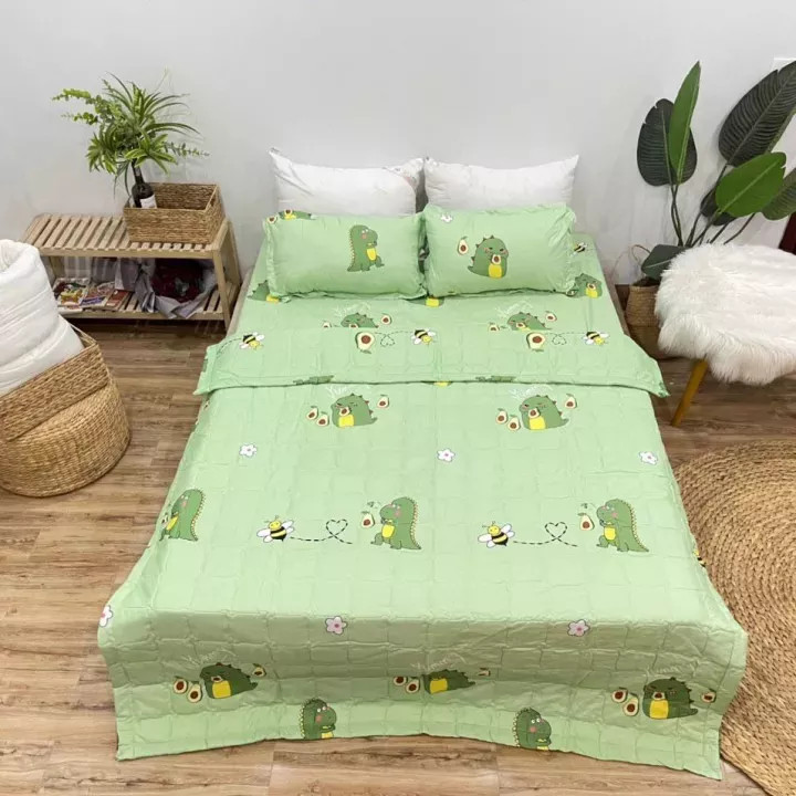 Bộ chăn ga vỏ gối 5 món cotton khủng long xanh - sét 5 món chăn ga - bộ drap 5 món - bộ chăn ga