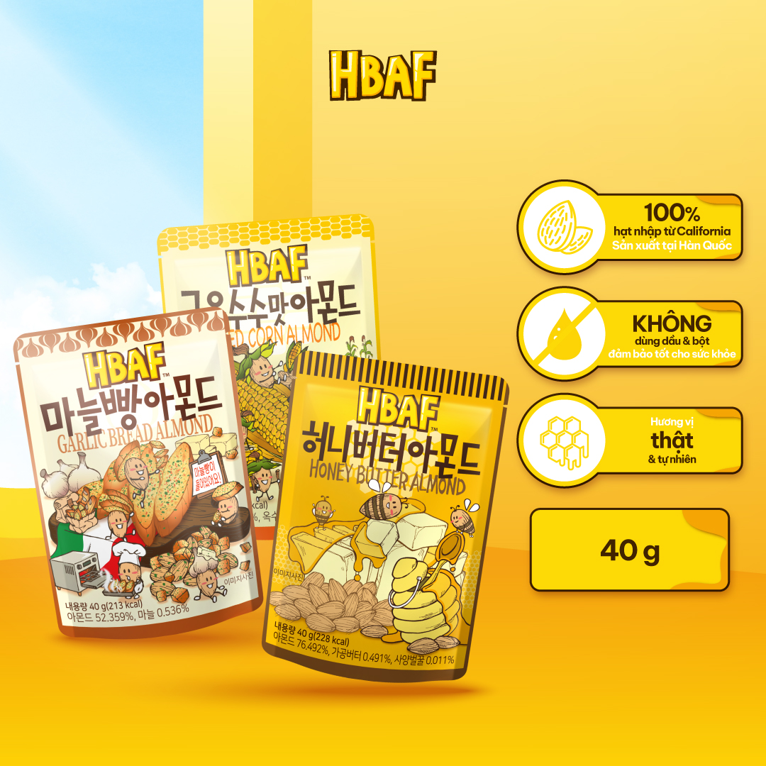 Hạt Hạnh Nhân Tẩm Vị HBAF Hàn Quốc Các Vị (Gói 40g)