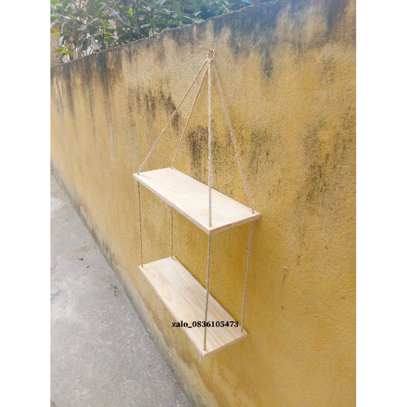Kệ Treo Tường Dây Thừng 4 Tầng, Kệ Gỗ Decor Để Cây Và Đồ Trang Trí